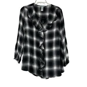 Catherines Pullover Top Womens Size‎ 0X Black White Plaide Ruffle 3/4 Sleeve